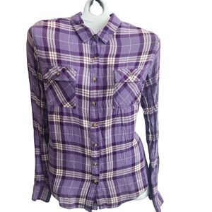 Gt NW Indigo 100% Rayon Plaid Tunic L Button Back Lagenlook Coastal Grandma Soft